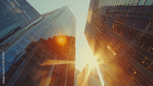 A scenic view captured from the bottom of modern skyscrapers in a bustling business district during the evening light at sunset. The image includes a lens flare filter effect for added ambiance