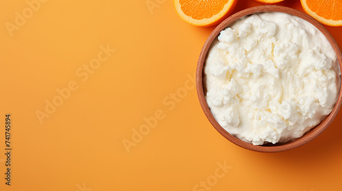 Cottage cheese in a bowl with oranges on orange background. Top view