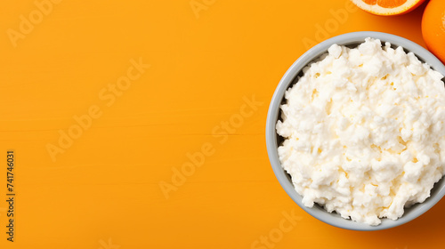 Cottage cheese in a bowl with oranges on orange background. Top view