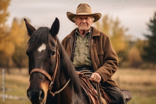 An old man in a cowboy hat sits on a horse and looks at the camera.