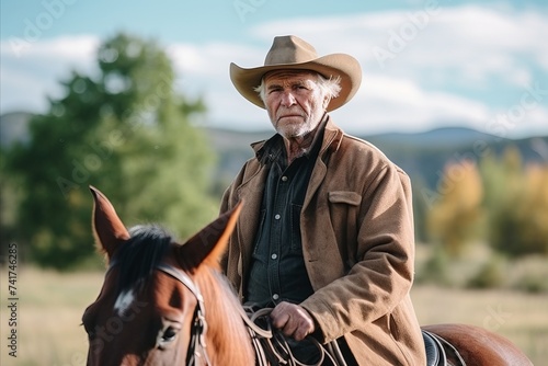 Portrait of a senior cowboy sitting on his horse in the field © Nerea