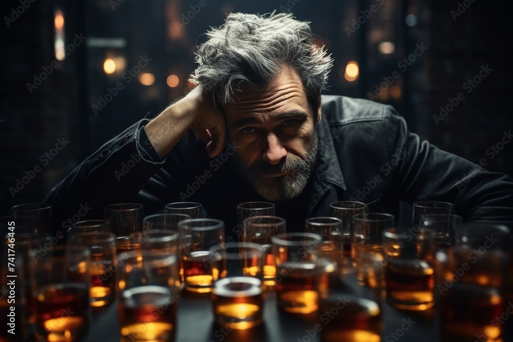 Depressed man drowning sorrows in whiskey, lost in thought, seeking solace in alcohol