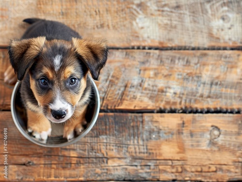 An adorable puppy looks pleadingly into his empty bowl, expressing his hunger with a soft whine. A touching scene highlights the importance of care and attention to pets. photo