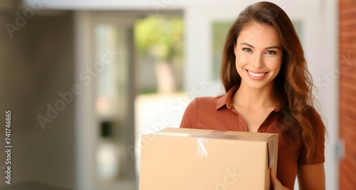 Mujer feliz sosteniendo una caja de cartón