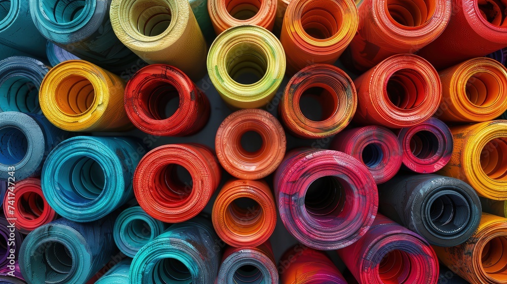 Mesmerizing 3D Art: Rainbow-Colored Circular Stems in Clay-Type Formation, Detailed Top-Down View. Abstract background. Mesmerizing 3D Art: Rainbow-Colored Circular Stems in Clay-Type Formation, Detailed Top-Down View. Abstract background.