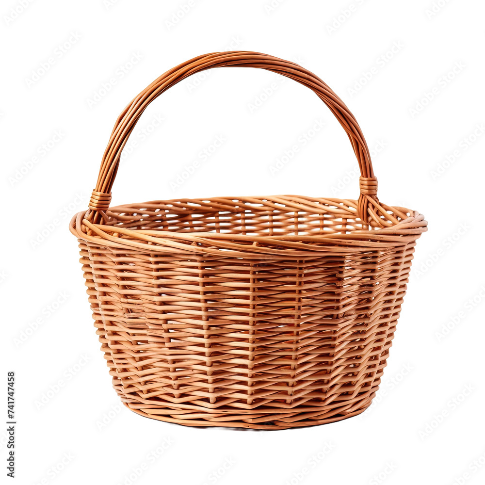 Straw wicker classic retro basket isolated on white or transparent background