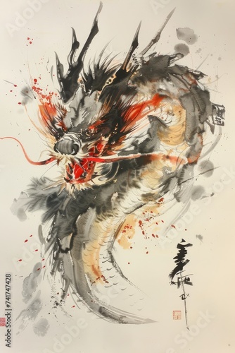 Generative AI  Japanese colorful artwork poster with watercolor dragon  vintage painting