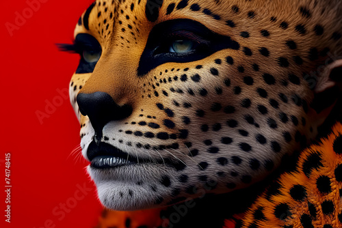 A close up of a cheetah  s face on a red background