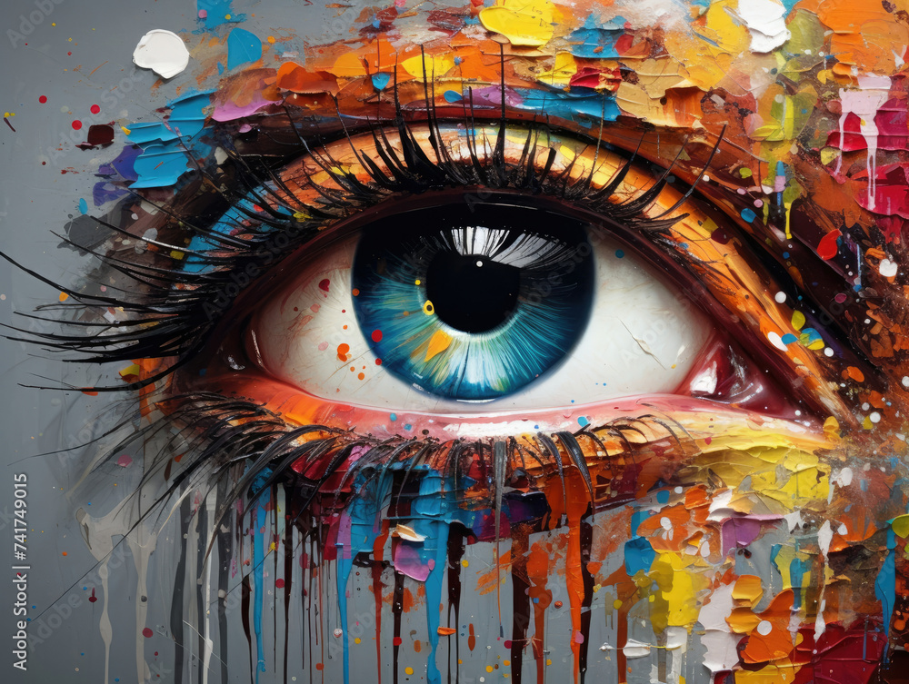 Blue Eye Painting With Colorful Splatters