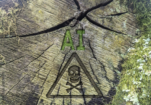 Danger of death symbol next to the initials of Artificial Intelligence, engraved on an old wooden trunk
