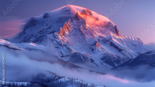 cloud inversion, sharp jagged snowy peaks illuminated by alpen glow from the sun ,generative ai