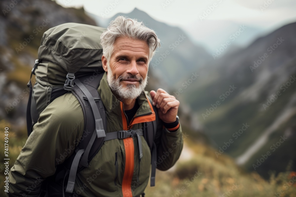 Portrait of a senior man with a gray beard hiking in the mountains.