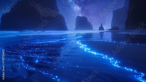jagged seastacks of the Oregon coast at night with stars, bioluminescence in the water shoreline,generative ai
