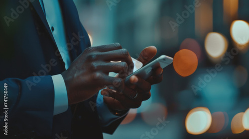 A man in a suit is using a smartphone with his right hand.
