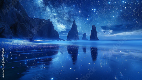 jagged seastacks of the Oregon coast at night with stars, bioluminescence in the water shoreline,generative ai © Krisana