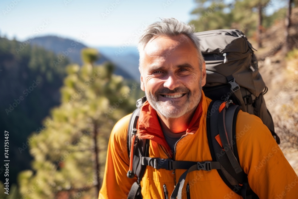 Portrait of a smiling senior man with a backpack in the mountains.