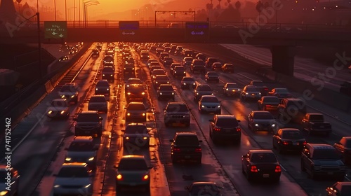 Highway traffic during sunset