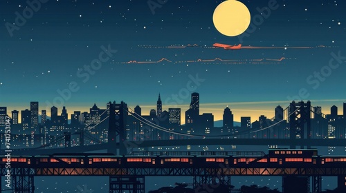 A vector design art depicting an industrial and transportation panorama featuring a night cityscape with white lines, an airplane flying overhead, and a train crossing a bridge