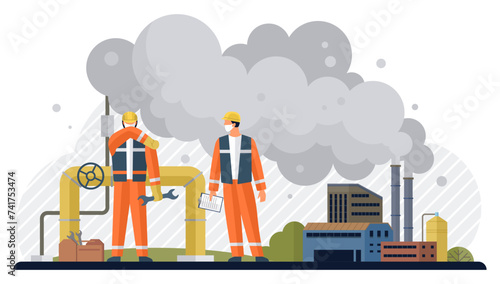 Factories vector illustration. Industrial buildings, monuments innovation, house treasures technological advancement Air pollution, discordant note in symphony progress, challenges environmental