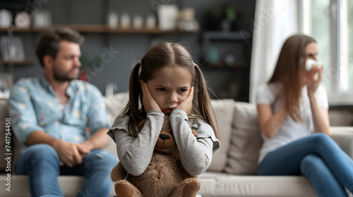 Family discord: Little girl in trouble in the middle of a heated argument between her parents