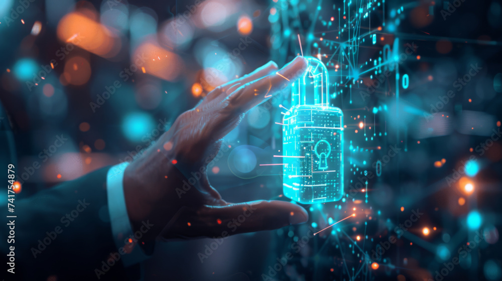 A hand interacts with a glowing digital lock icon amidst a network of connected points, symbolizing data security and cybersecurity. A hand interacts with a glowing digital lock icon amidst a network of connected points, symbolizing data security and cybersecurity.
