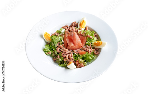 Floating White plate with shrimps and salmon on salad