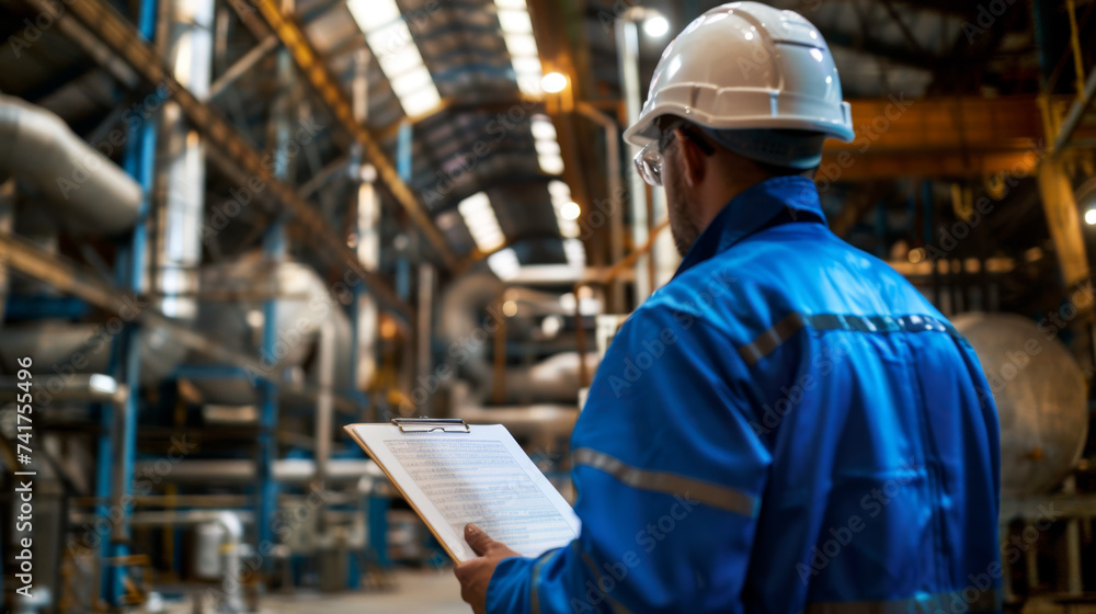 An engineer in a blue uniform with a safety helmet is inspecting a petrochemical plant with a clipboard in hand, surrounded by intricate metal structures and pipelines An engineer in a blue uniform with a safety helmet is inspecting a petrochemical plant with a clipboard in hand, surrounded by intricate metal structures and pipelines
