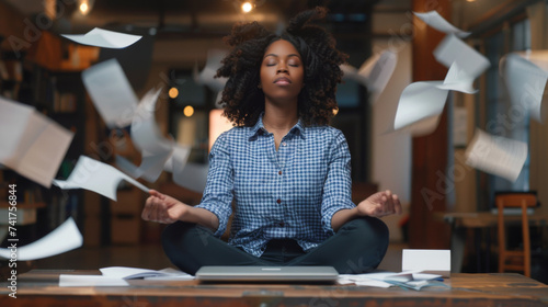 A woman is meditating at her desk in a busy office environment, with papers floating around her