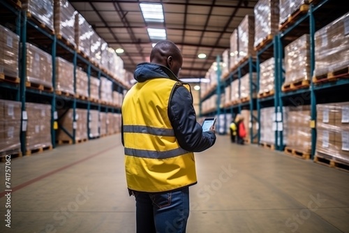 Warehouse manager using warehouse management software to check delivery and stock in warehouse