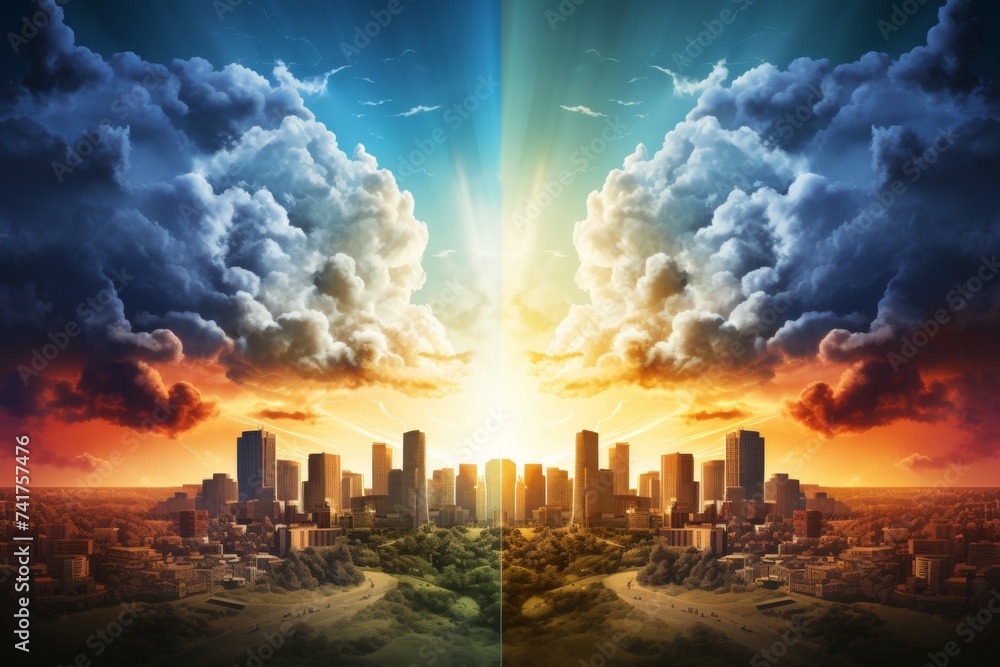 Fototapeta premium A dramatic cityscape divided by weather, showcasing a vibrant sunrise and an impending storm