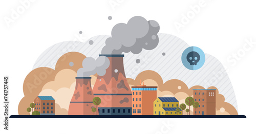 Factories vector illustration. Air pollution, discordant note in symphony progress, challenges environmental harmony Pollution, antagonist in environmental narrative, tests resilience ecosystems