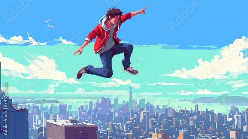 A pixel art depiction of a cheerful male character jumping photo