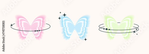 Y2K blurred butterflies with aesthetic linear shapes set. Retro 2000s design elements aura effect.