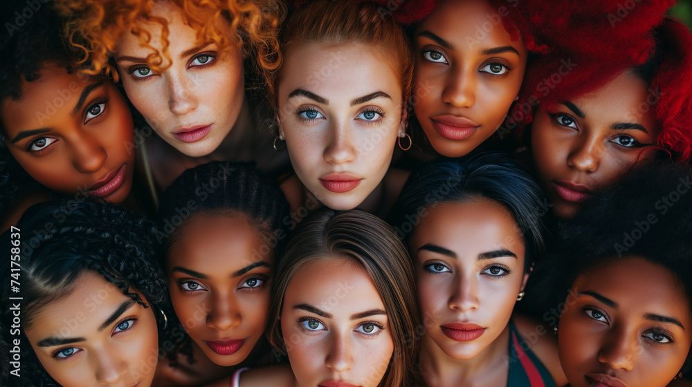 from above view Multi ethnic women looking up . A group of beautiful women with different beauty, hair and skin color. The concept of women, femininity, diversity