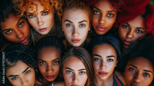 from above view Multi ethnic women looking up . A group of beautiful women with different beauty, hair and skin color. The concept of women, femininity, diversity