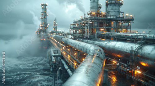 Pipework and exhaust stack at offshore oil and gas central processing platform,generative ai