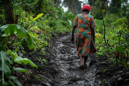 african woman walking alone on the path photo