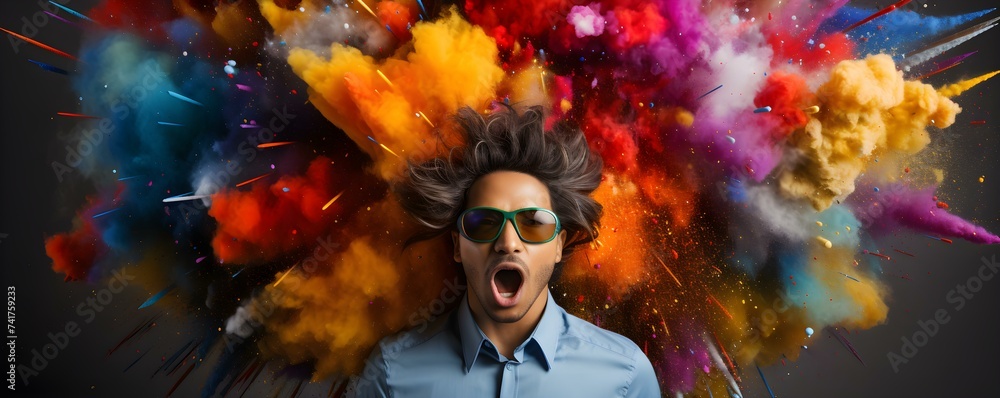 Conceptual image of overwhelmed worker with exploding head and vibrant colors. Concept Conceptual Photography, Overwhelmed Worker, Exploding Head, Vibrant Colors, Creative Imagery