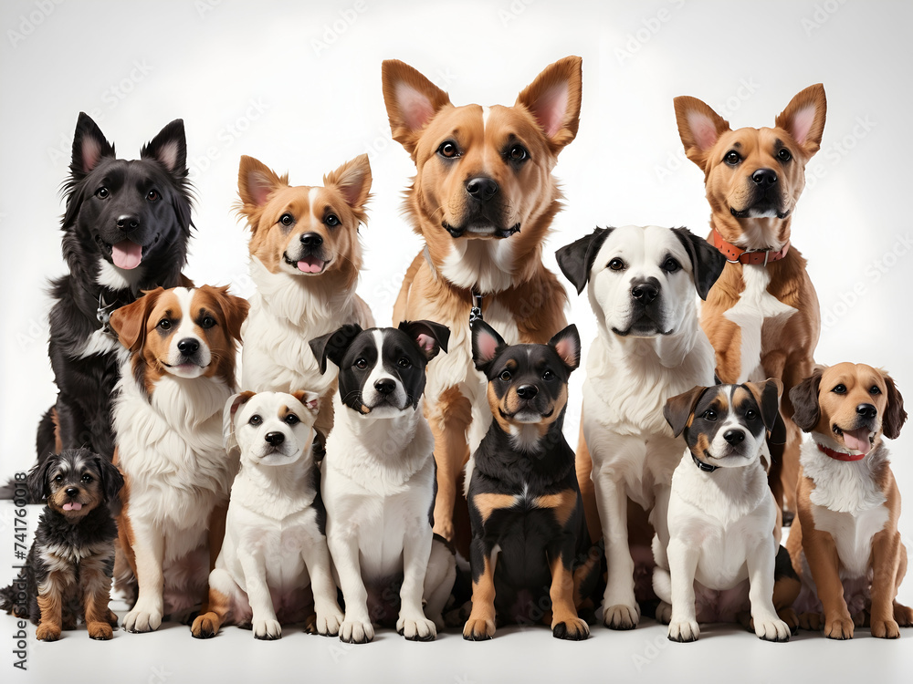 A group of different dogs, looking at the camera, white background.
