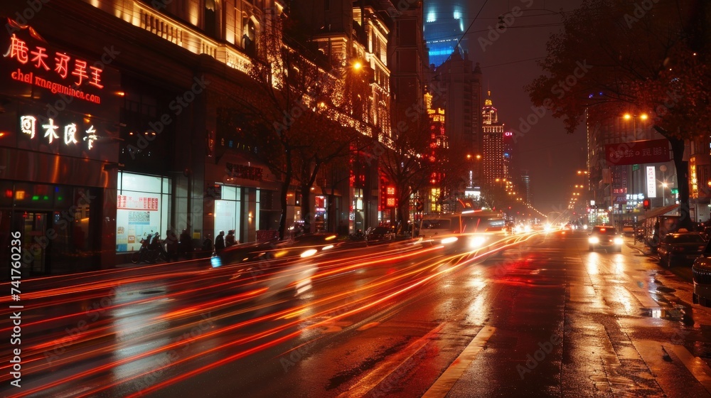 The luminous streaks of light on the streets of China