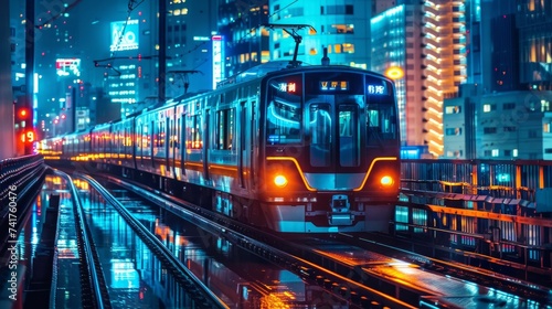 A night scene featuring the Tokyo automated guide-way train photo
