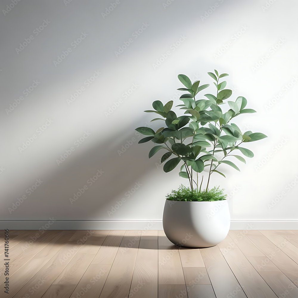 Fototapeta premium A plant in a white pot left sits on a wooden floor in front of a white wall window shadow