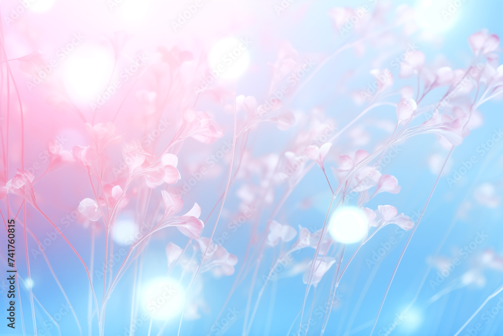 Abstract pink blossoms with sun flare on a dreamy blue background