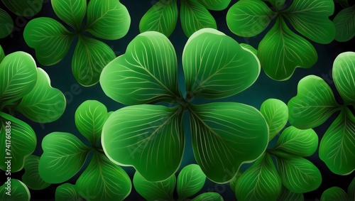 Closeup of green four leaf clover on dark background, featuring flowers, shamrock, clover, art, and leaves photo