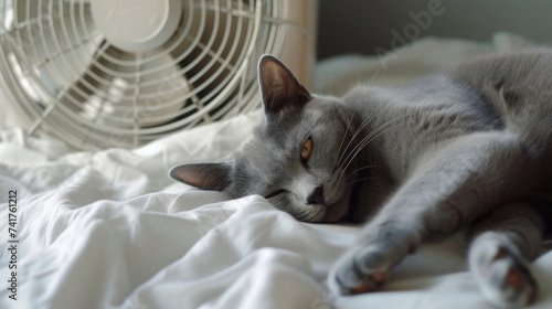 Persian cat lies in the bed from the heat under the fan, enjoys, dozes photo