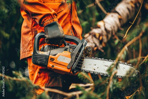 Wallpaper Mural Man holding a chainsaw and cut trees. Lumberjack at work wears orange personal protective equipment. The professional occupation of a forestry worker Torontodigital.ca
