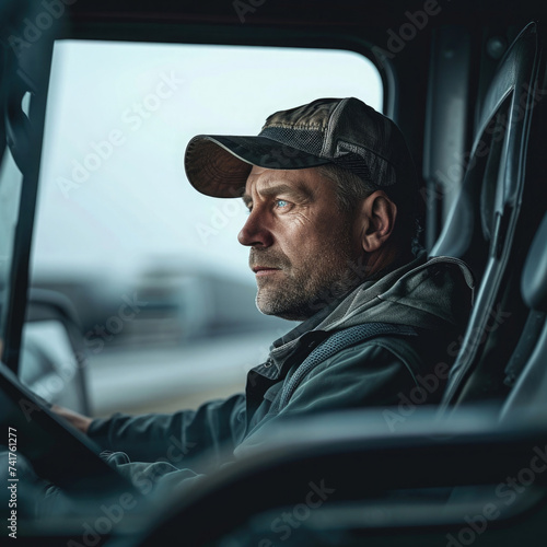 close-up, an adult man with a gray beard, a driver in the cab of a car at the wheel, looking into the distance, a truck driver, wearing a cap