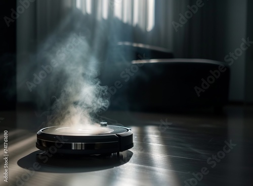Faulty robot vacuum cleaner emitting smoke on a wooden floor.