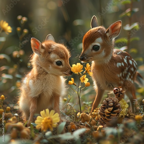 Young Animals in Nature with Blooming Flowers, Symbol of Renewal
