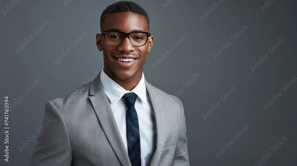 A smiling young man in a suit and tie with glasses, exuding confidence and friendliness. A smiling young man in a suit and tie with glasses, exuding confidence and friendliness.